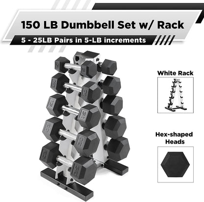 5-25Lb Rubber Coated Hex Dumbbell Set with a Frame Storage Rack Non-Slip Hex Shape for Muscle Toning, Strength Building & Weight Loss - Multiple Choices Available